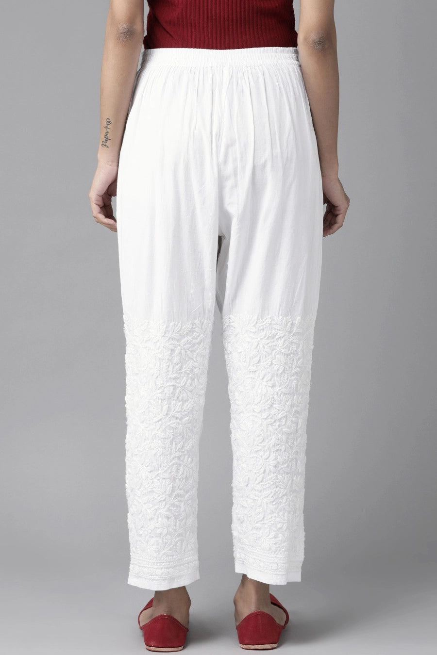 White Cotton Embroidered Pants with Pockets at PinkPhulkari California