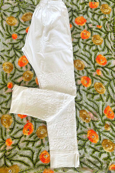 White Cotton Pants With Pockets Lucknowi ChikankariWhite Cotton Pants With Pockets Lucknowi Chikankari