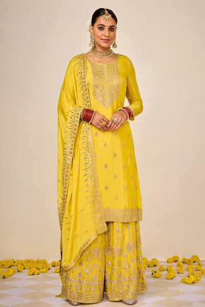 Yellow Chinon Silk Embroidered Palazzo Suit at PinkPhulkari CaliforniaYellow Chinon Silk Embroidered Palazzo Suit at PinkPhulkari California