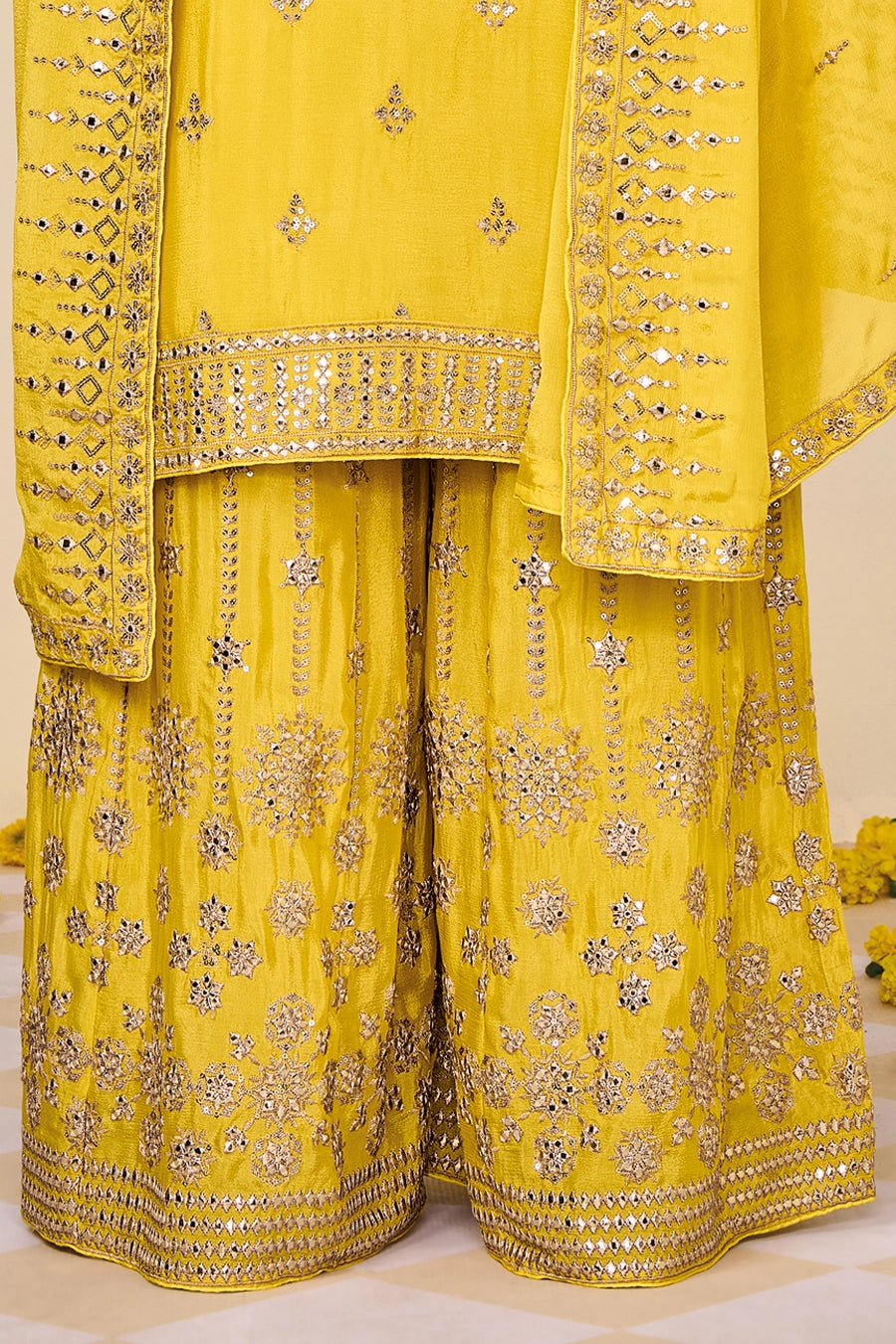 Yellow Chinon Silk Embroidered Palazzo Suit at PinkPhulkari California