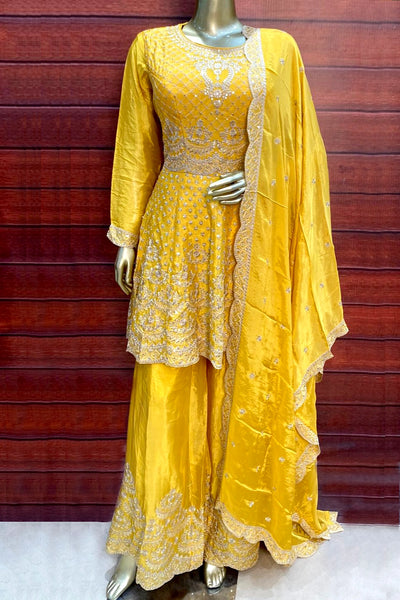 Yellow Chinon Silk Punjabi  Garara Bridal SuitYellow Chinon Silk Punjabi  Garara Bridal Suit