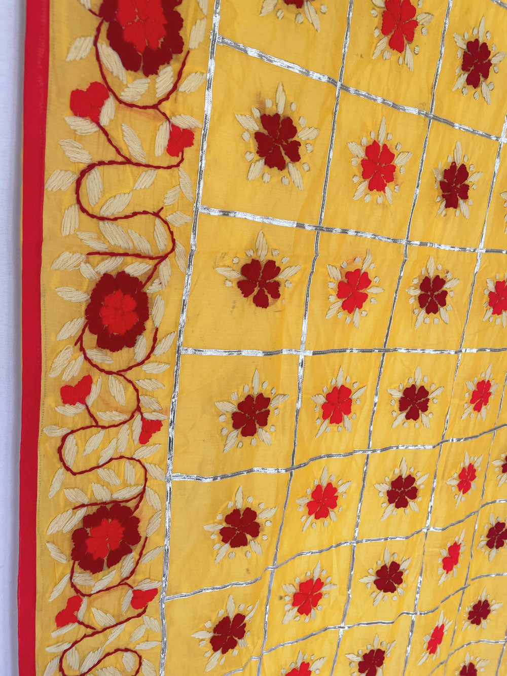Yellow Chanderi Silk Parsi Handwork Dupatta at PinkPhulkari California