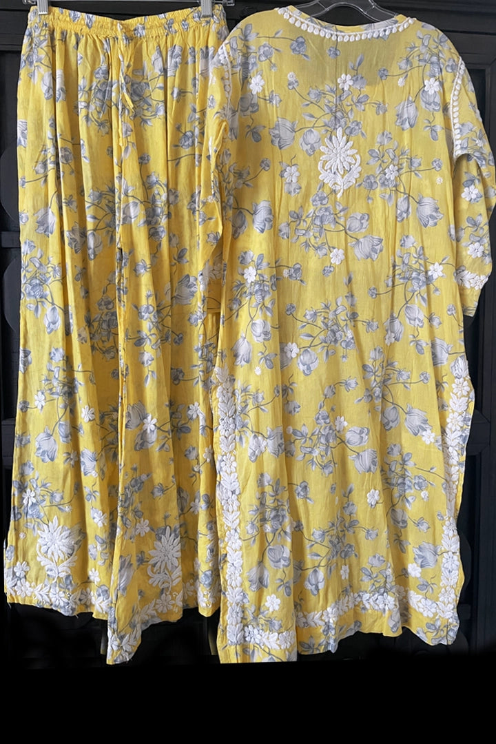 Yellow Floral Print Lucknowi Palazzo Suit at PinkPhulkari California