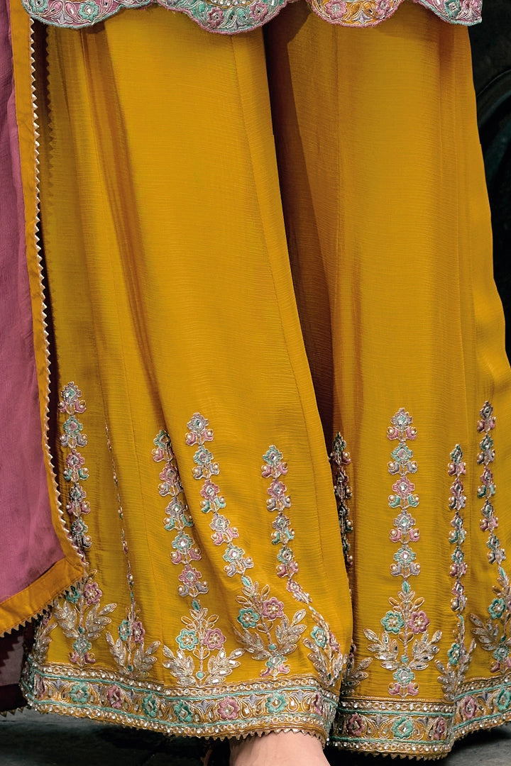 Gold Multicolor Chinnon Silk Palazzo Suit at PinkPhulkari California