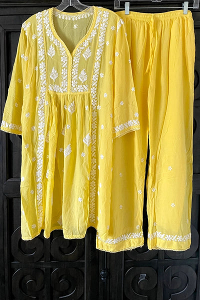 Yellow Lucknowi Hand Embroidered Short Frock A-Line Peplum Kurta SetYellow Lucknowi Hand Embroidered Short Frock A-Line Peplum Kurta Set