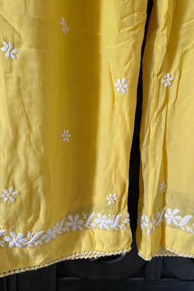 Yellow Lucknowi Hand Embroidered Short Frock A-Line Peplum Kurta SetYellow Lucknowi Hand Embroidered Short Frock A-Line Peplum Kurta Set