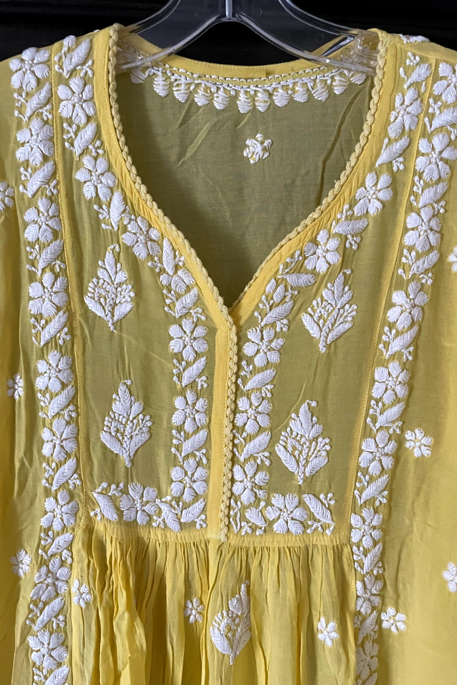 Yellow Lucknowi Hand Embroidered Short Frock A-Line Peplum Kurta Set