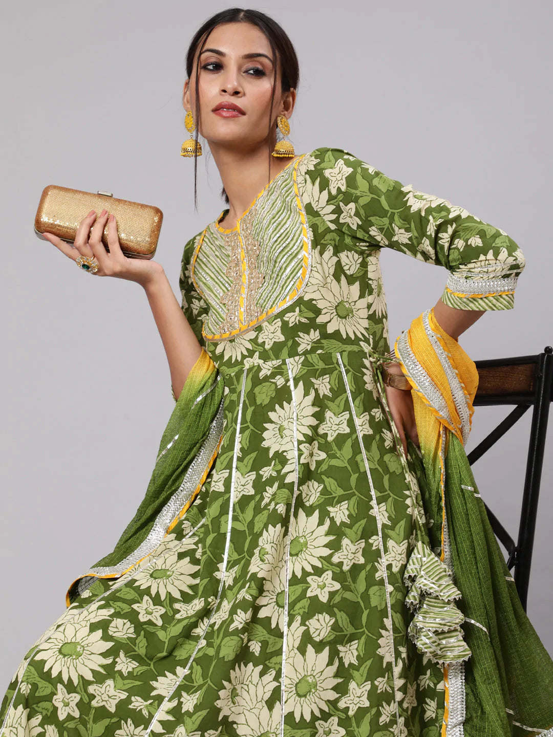 Women's Green & Yellow Floral Printed Lace Work Anarkali & Palazzo With Dupatta Set at PinkPhulkari California