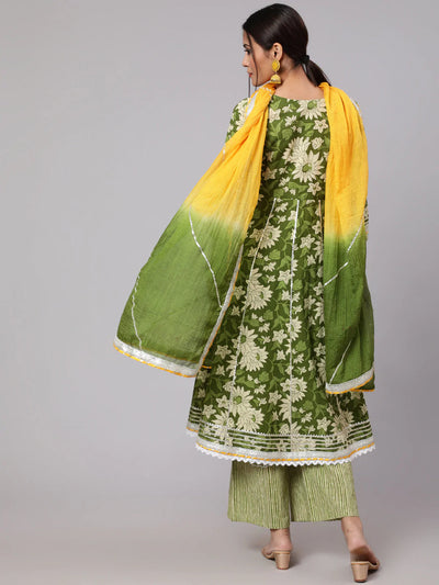 Women's Green & Yellow Floral Printed Lace Work Anarkali & Palazzo With Dupatta Set at PinkPhulkari CaliforniaWomen's Green & Yellow Floral Printed Lace Work Anarkali & Palazzo With Dupatta Set at PinkPhulkari California