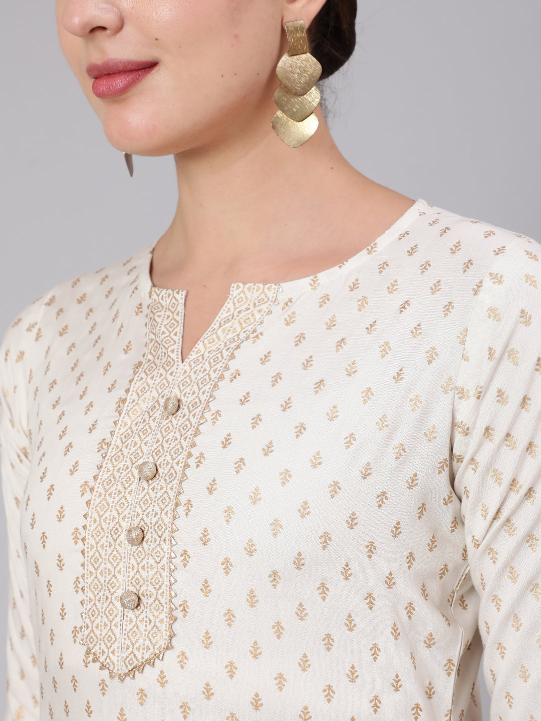 Women's White & Gold Printed Lace Details Kurta With Palazzo And Net Sequence Dupatta at PinkPhulkari 