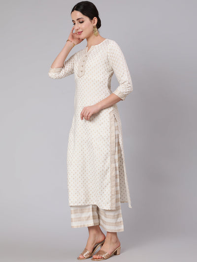 Women's White & Gold Printed Lace Details Kurta With Palazzo And Net Sequence Dupatta at PinkPhulkari Women's White & Gold Printed Lace Details Kurta With Palazzo And Net Sequence Dupatta at PinkPhulkari 