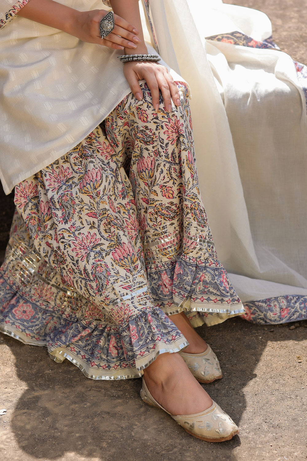 Women's Multicolor Cotton Dobby Phulkari Gota Kurti Sharara Dupatta Set At PinkPhulkari California