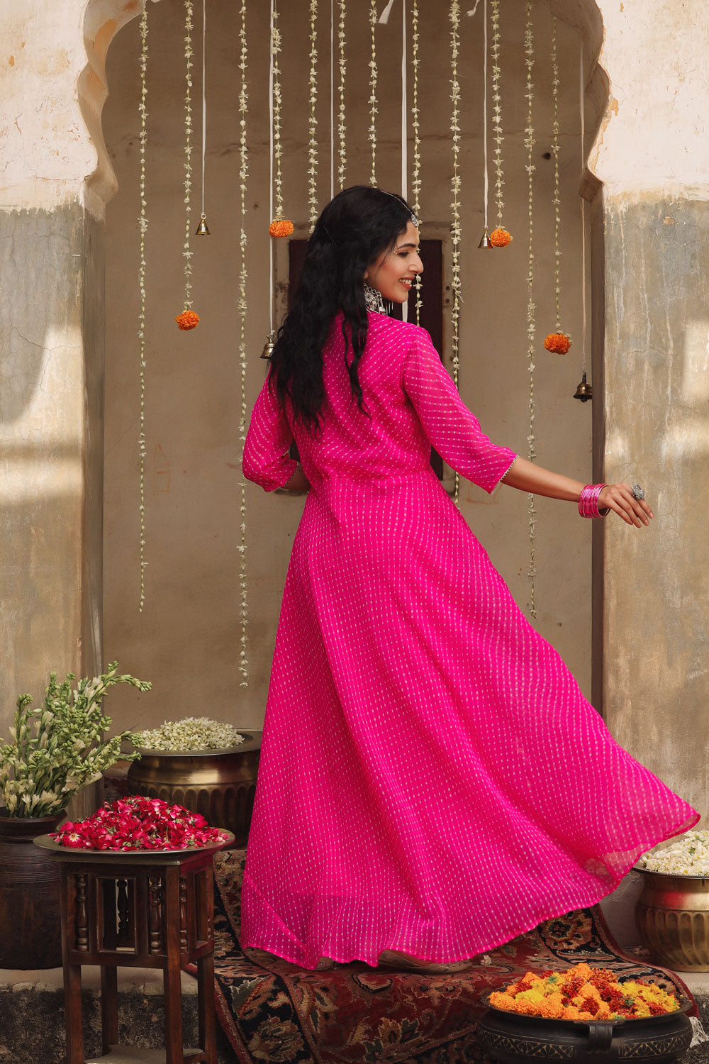 Pink Georgette Leheriya Gota Patti Asymmetric Pleated Anarkali Dress online