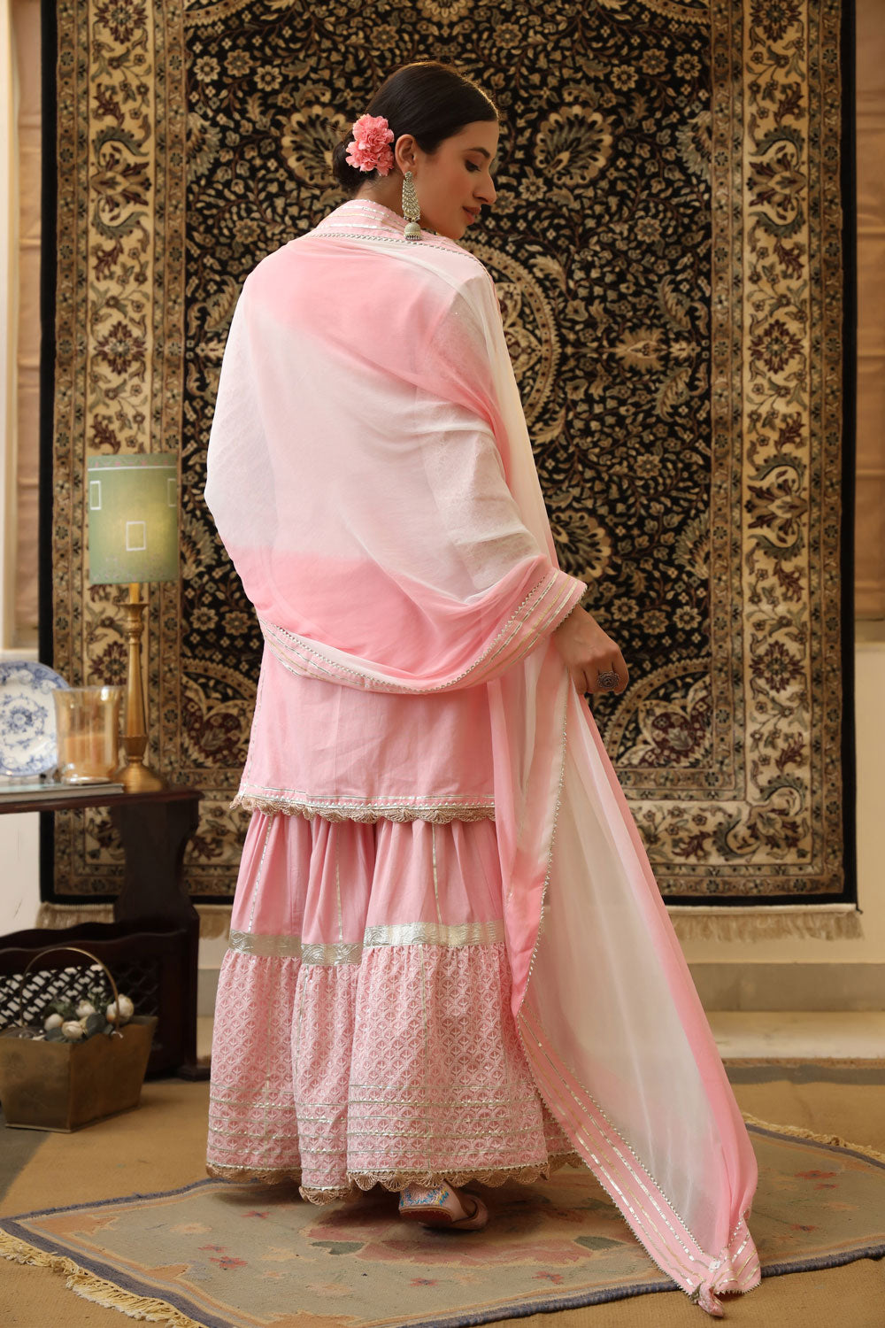 Women's Pink Cotton Chikankari Gota Kurti Sharara Dupatta Set at PinkPhulkari 