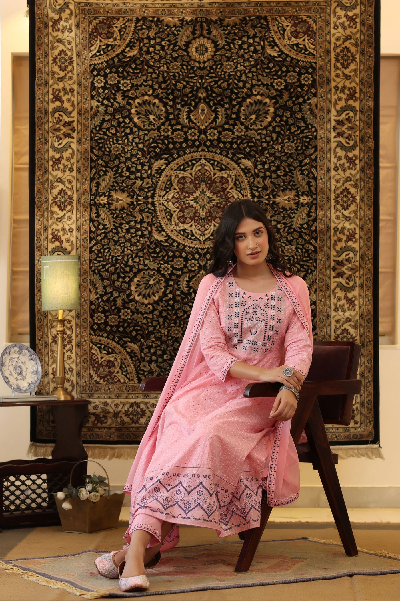 Women's Pink Cotton Embroidered Yoke Design Anarkali Pant Dupatta Suit Set at PinkPhulkari California