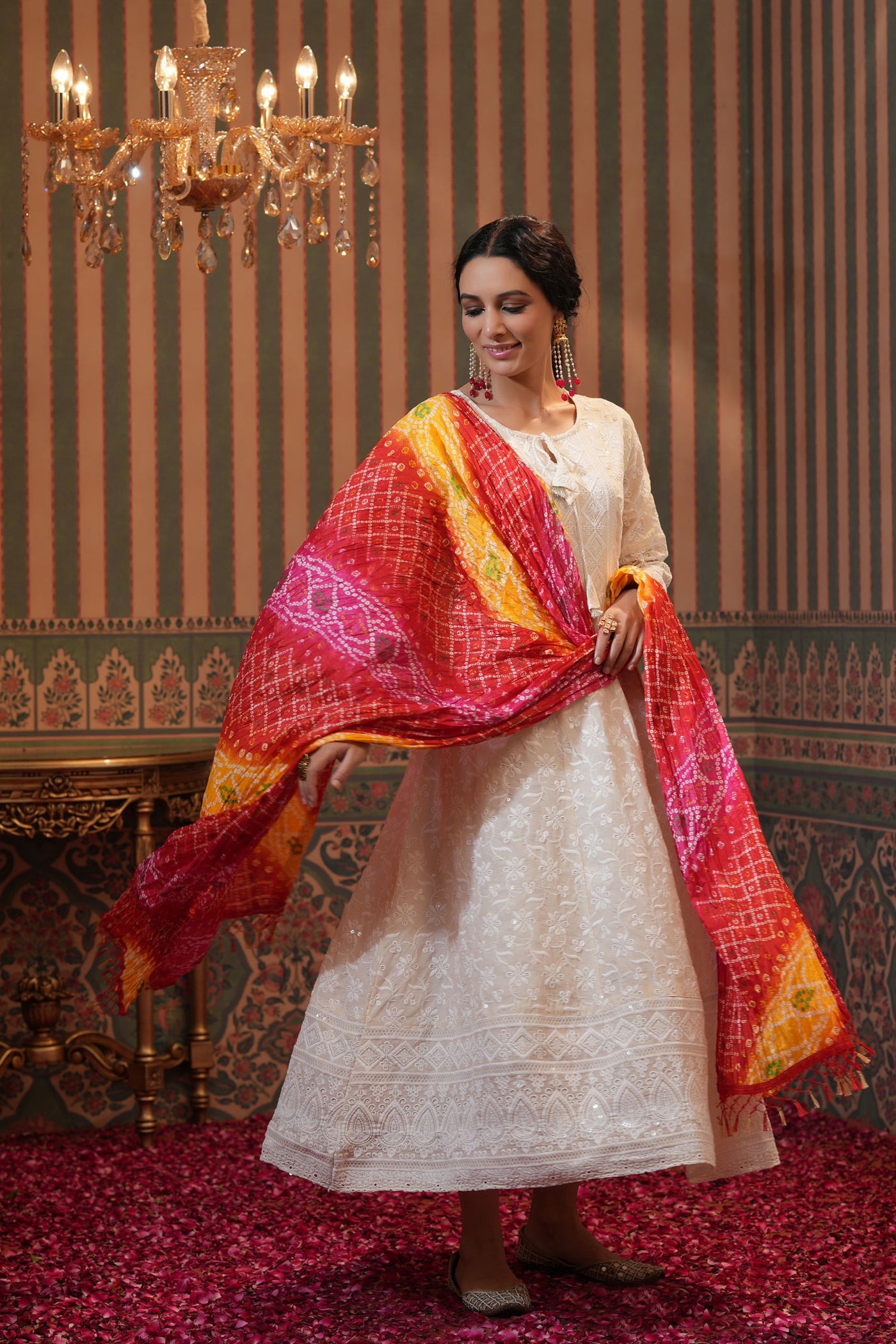 Women's White Cotton Schiffli Chikankari Anarkali Dress Kurta With Silk Bandhani Dupatta (2 Pc) at PinkPhulkari California