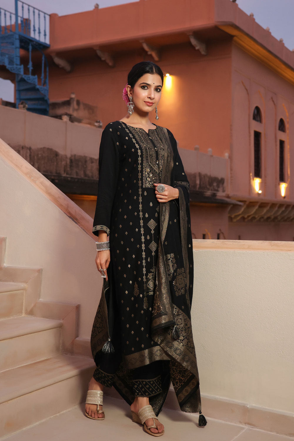 Black Pure Pashmina Wool Jacquard Kurta Pant Dupatta Set at PinkPhulkari 