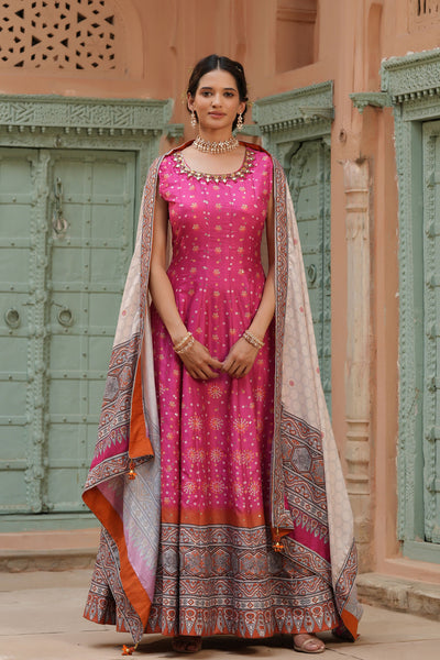 Women's Party Wear Pink Muslin Silk Bandhani Print Ajrakh Anarkali Dress Suit Set at PinkPhulkari California