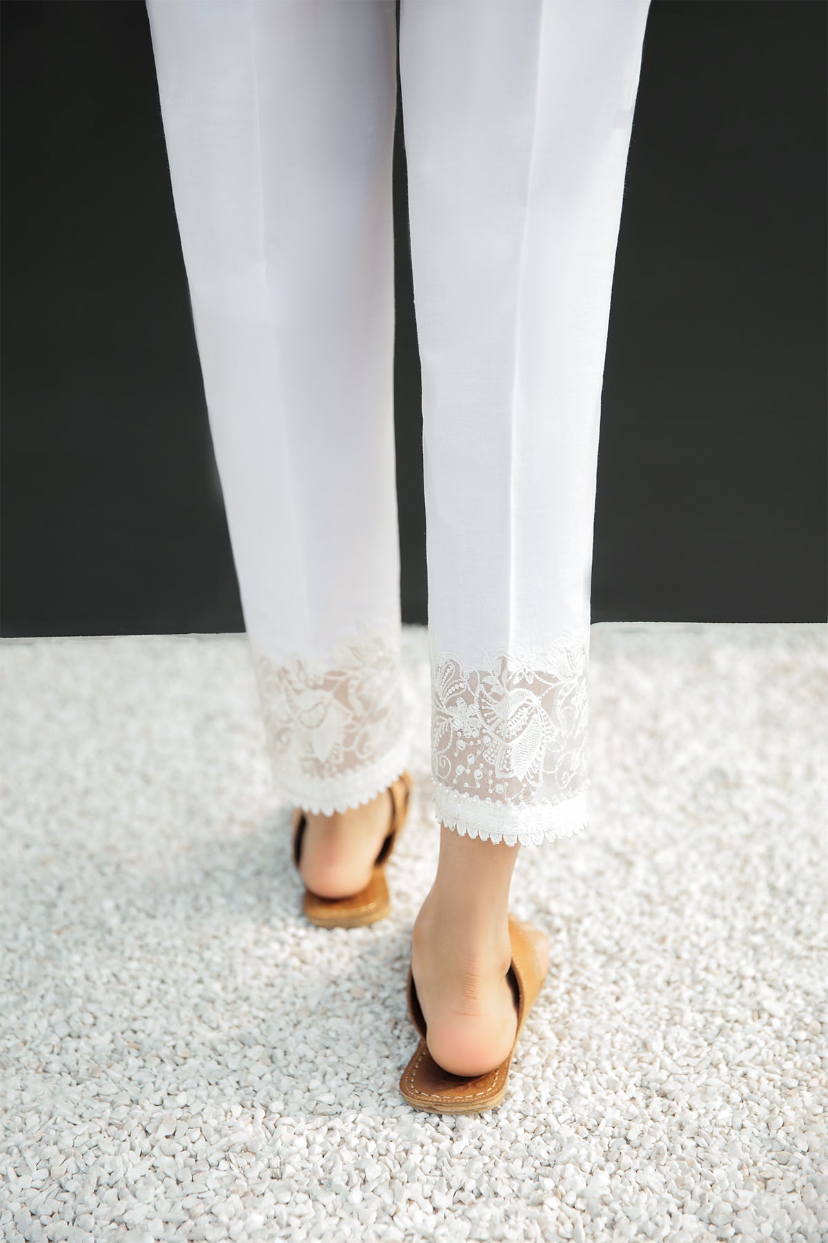 White Cotton Trouser with Organza Lace D223 at PinkPhulkari California
