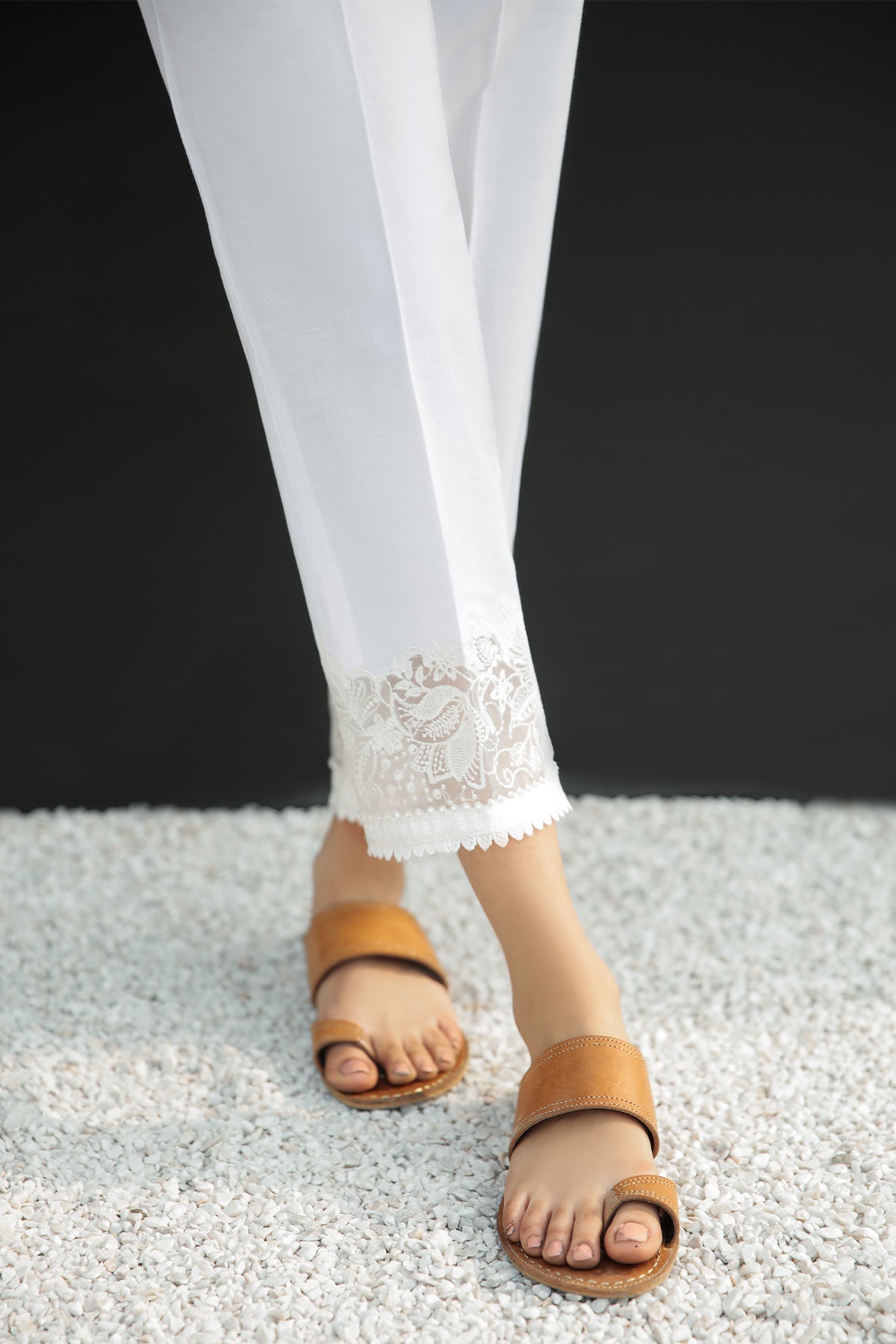 White Cotton Trouser with Organza Lace D223 at PinkPhulkari California