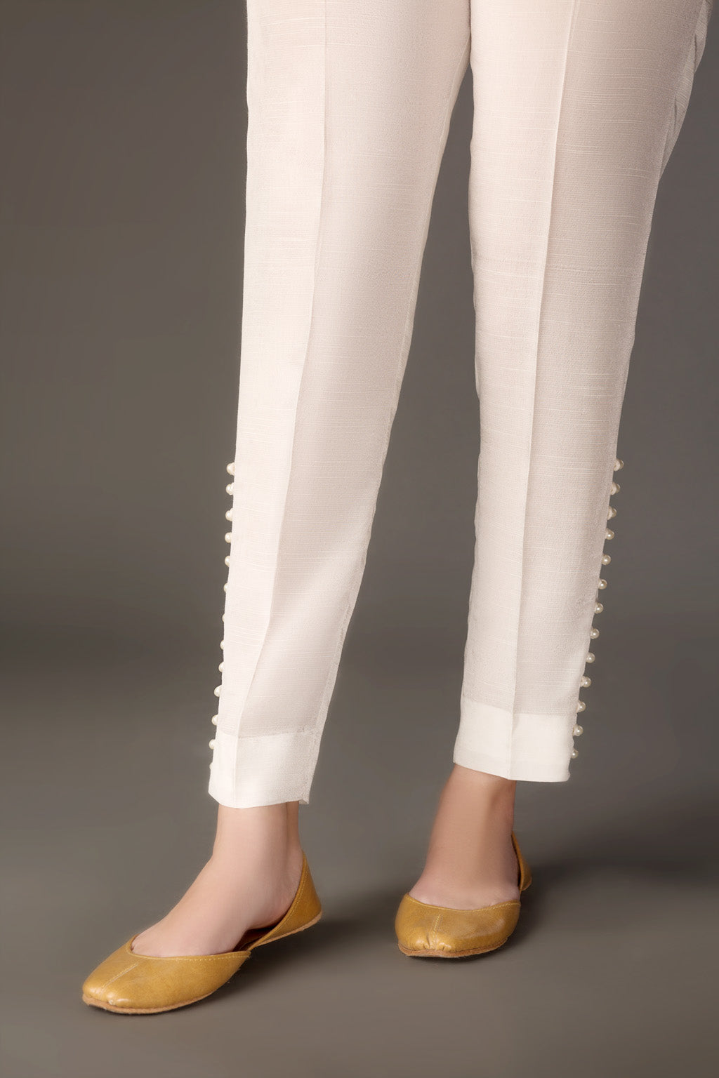 Women Ankle Length Straight Pants Off White at PinkPhulkari California