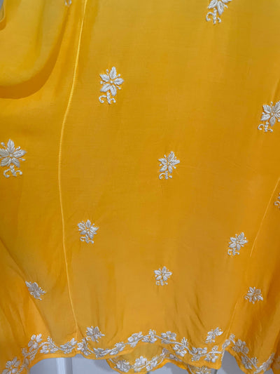 Women's Yellow Gold Muslin Silk Handcrafted Lucknowi Chikankari A Line Kurta at PinkPhulkari CaliforniaWomen's Yellow Gold Muslin Silk Handcrafted Lucknowi Chikankari A Line Kurta at PinkPhulkari California