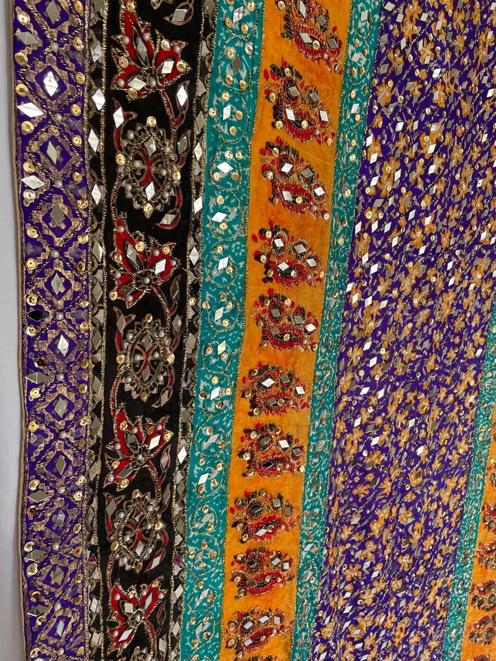 Blue Sheesha Work Multicolored Pakistani Silk Dupatta with Gold Border at PinkPhulkari California