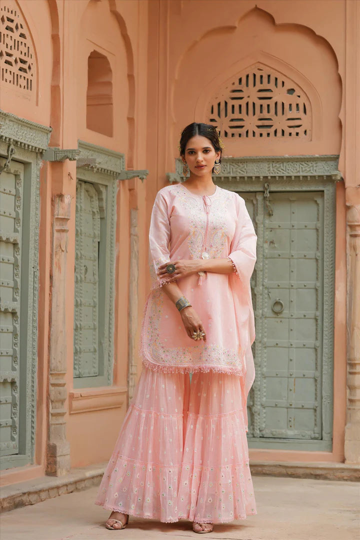 Women's Pink Chanderi Silk Embroidered Kurti Sharara Dupatta Set online at PinkPhulkari California