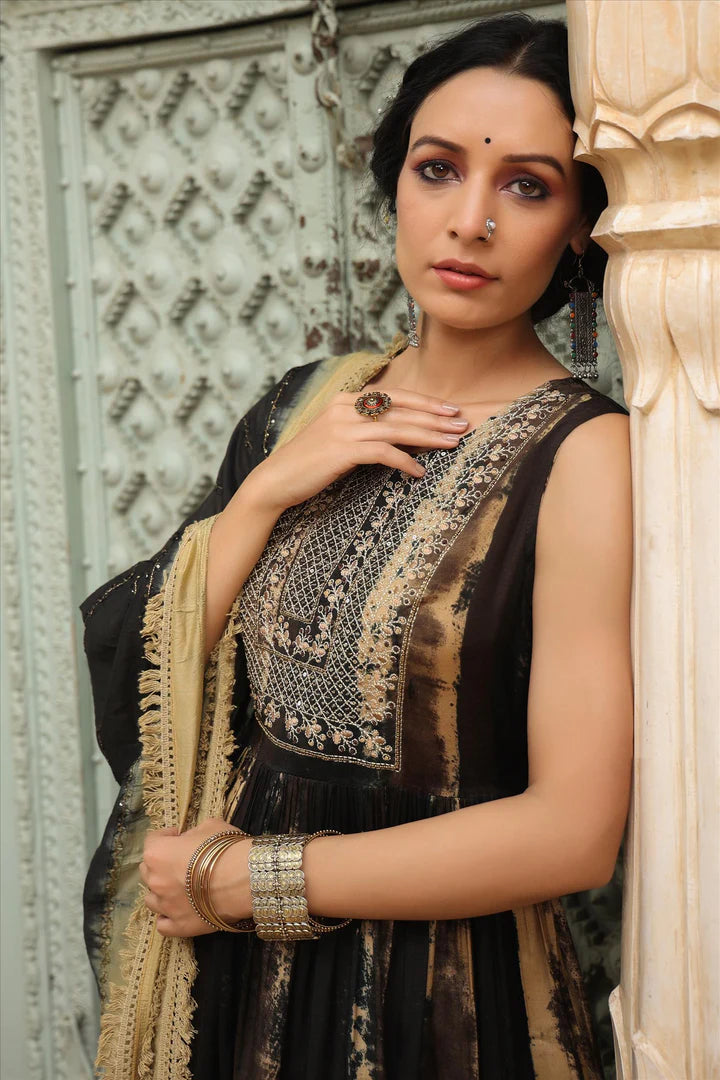 Women's Black Lenzing Silk Tie & Dye Kurti Sharara Dupatta Set online at PinkPhulkari California