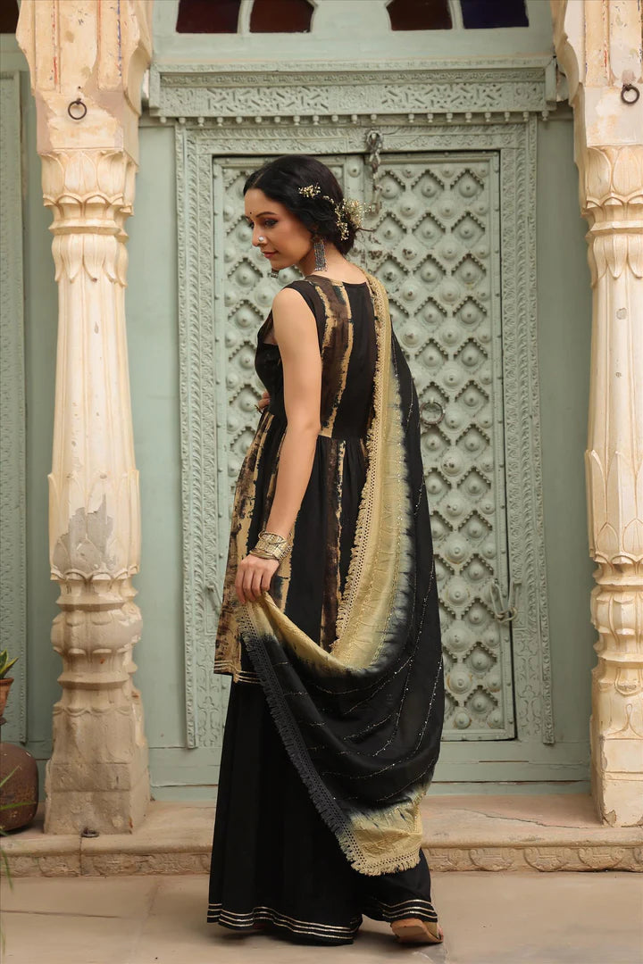 Women's Black Lenzing Silk Tie & Dye Kurti Sharara Dupatta Set online at PinkPhulkari California