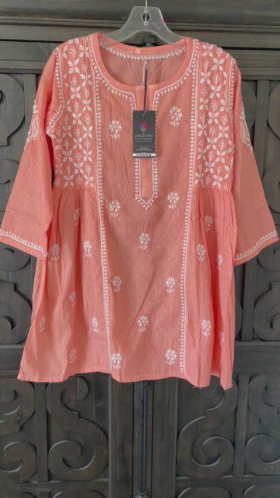 Women's Coral Color Pure Cotton Kurti Lucknowi Hand Embroidered Top at PinkPhulkari CaliforniaWomen's Coral Color Pure Cotton Kurti Lucknowi Hand Embroidered Top at PinkPhulkari California