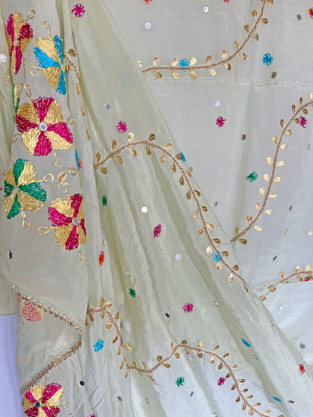 Women's Azure Chinon Silk Gotta Patti Hand Embroidered Phulkari Dupatta at PinkPhulkari California