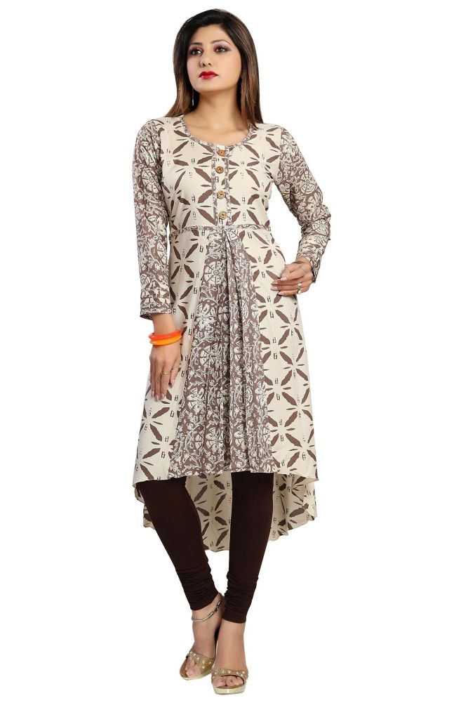 Print Allure Beige Rayon Asymmetrical A-line Dress Kurti with Wooden Buttons - PinkPhulkari California