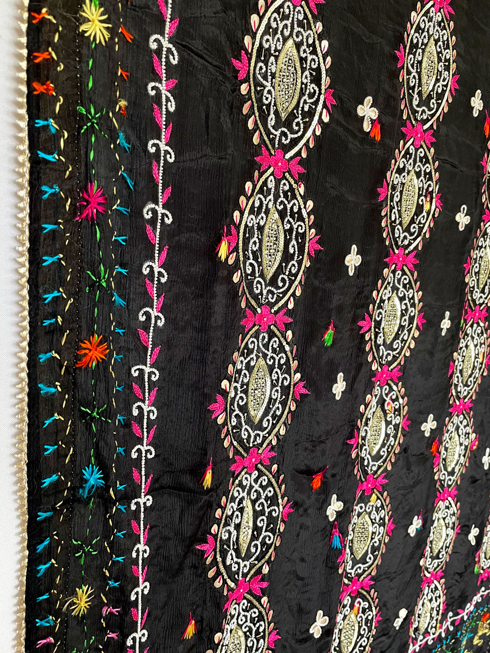 Women's Pure Chinon Silk Hand Embroidered Pearl & Gotta Patti Black Phulkari Dupatta at PinkPhulkari California