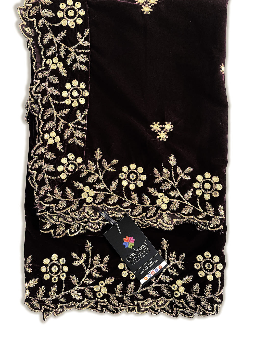 Black Embroidered Velvet Shawl at PinkPhulkari California