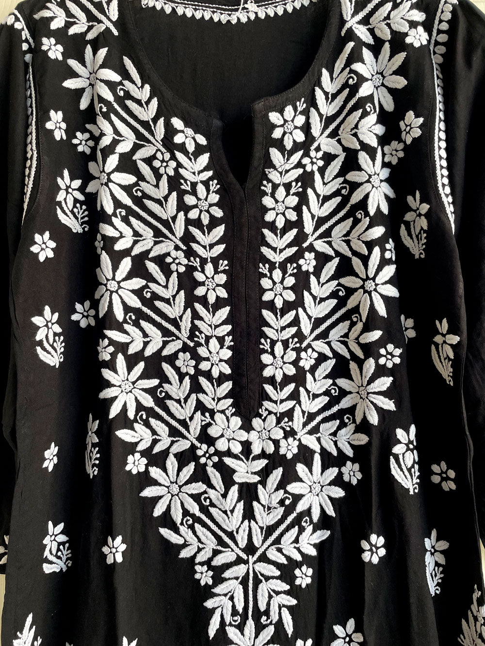 Women's Black Rayon Cotton Kurta Lucknowi Hand Embroidered Dress at PinkPhulkari California