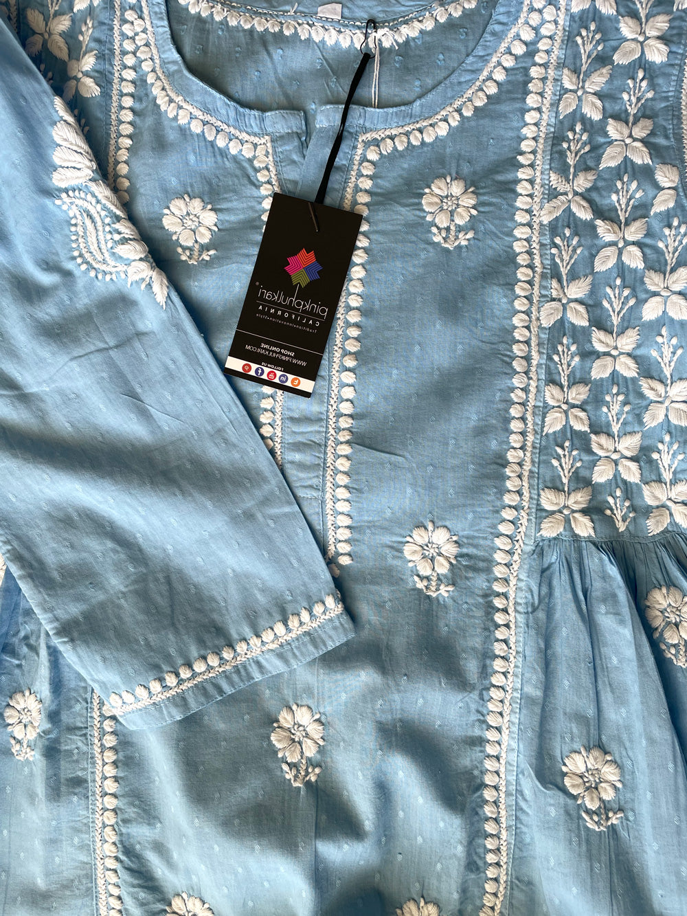 Women's Blue Cotton Kurti Lucknowi Hand Embroidered Top at PinkPhulkari California