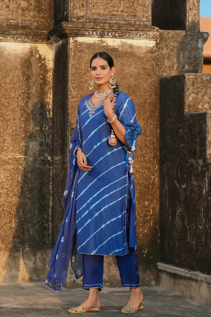 Blue Cotton Silk Leheriya Mirror Work Yoke Design Stylized Kurta Pant Dupatta Set
