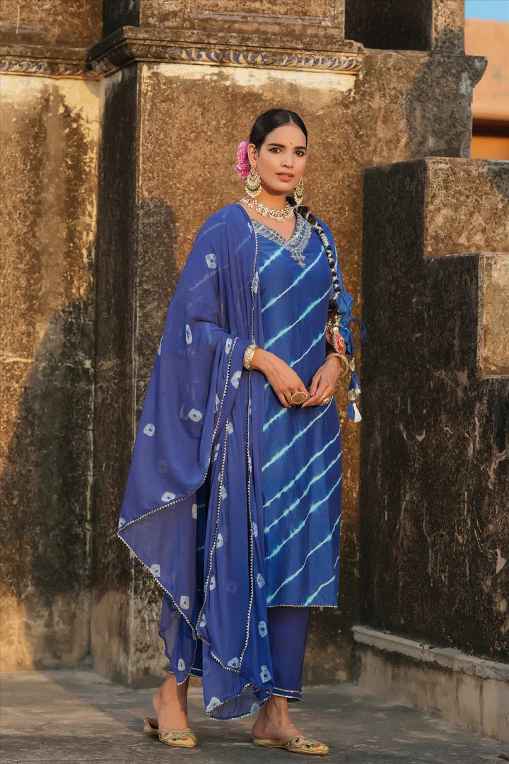 Blue Cotton Silk Leheriya Mirror Work Yoke Design Stylized Kurta Pant Dupatta Set