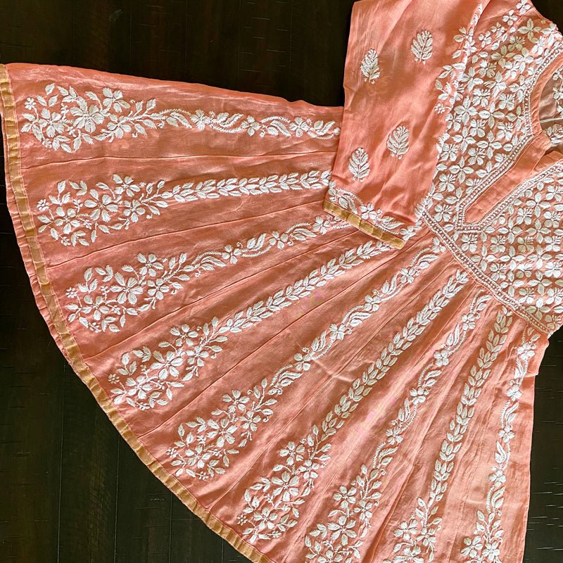 Women's Chanderi Silk Lucknowi Chikankari Short Anarkali Garara Palazzo Suit Coral - PinkPhulkari California