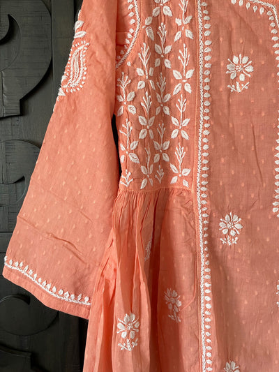 Women's Coral Color Pure Cotton Kurti Lucknowi Hand Embroidered Top at PinkPhulkari CaliforniaWomen's Coral Color Pure Cotton Kurti Lucknowi Hand Embroidered Top at PinkPhulkari California