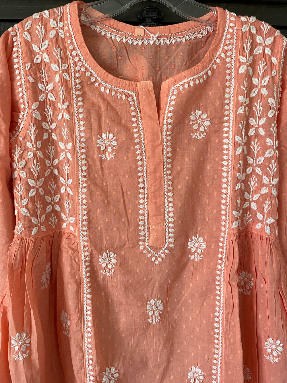 Women's Coral Color Pure Cotton Kurti Lucknowi Hand Embroidered Top at PinkPhulkari California