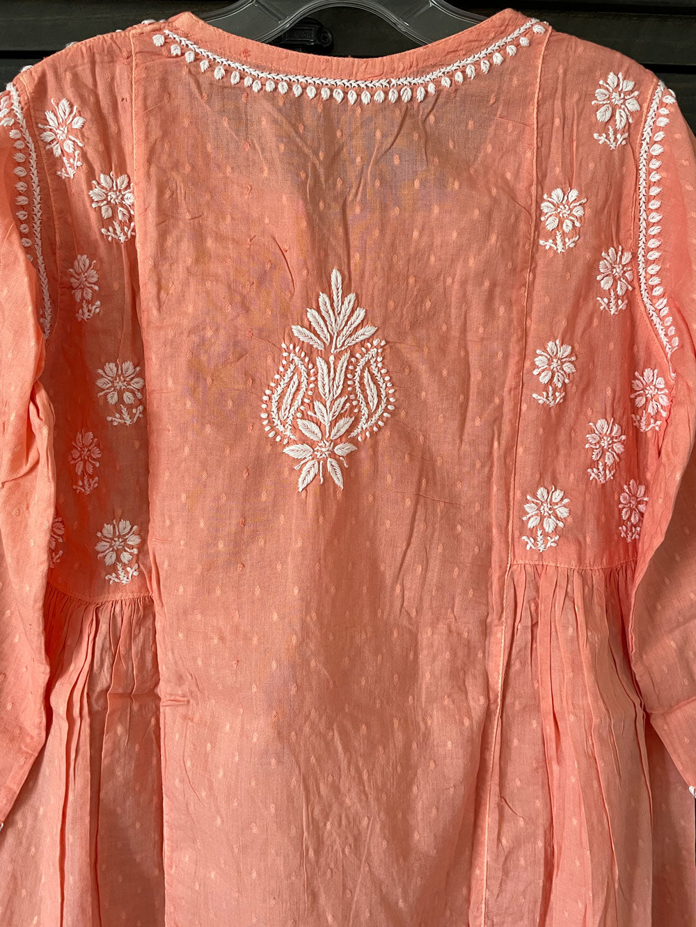 Women's Coral Color Pure Cotton Kurti Lucknowi Hand Embroidered Top at PinkPhulkari California