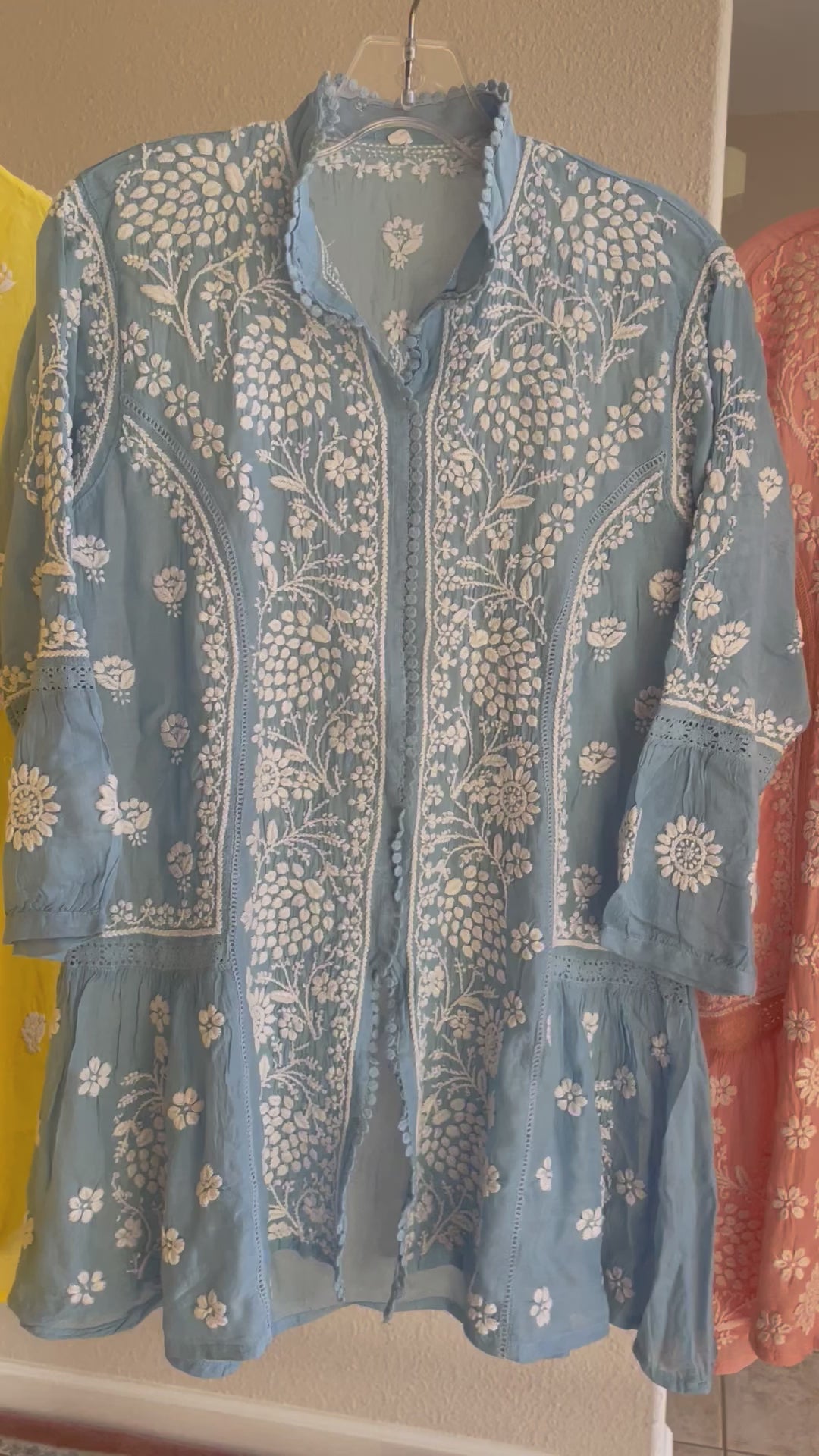Women's Sky Blue Lucknowi Hand Embroidered Muslin Silk Short Kurti Dress