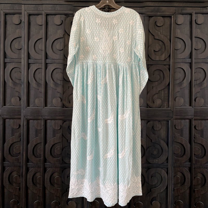 Handcrafted Lucknowi Fine Chikankari Gown Dress Blue - PinkPhulkari California