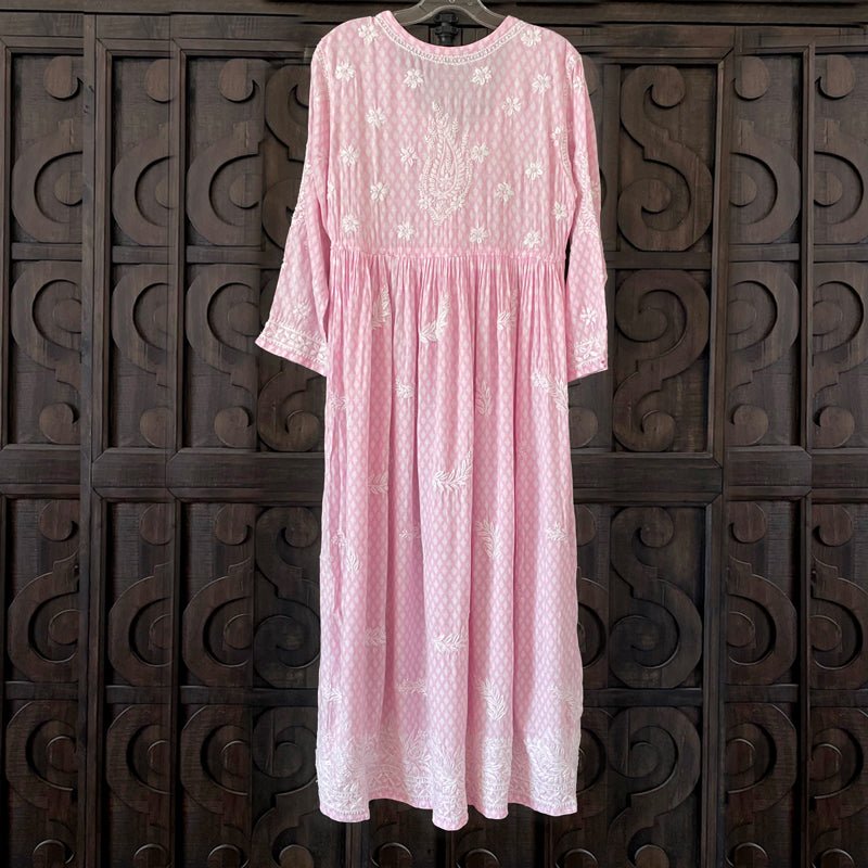 Handcrafted Lucknowi Fine Chikankari Gown Dress Pink - PinkPhulkari California