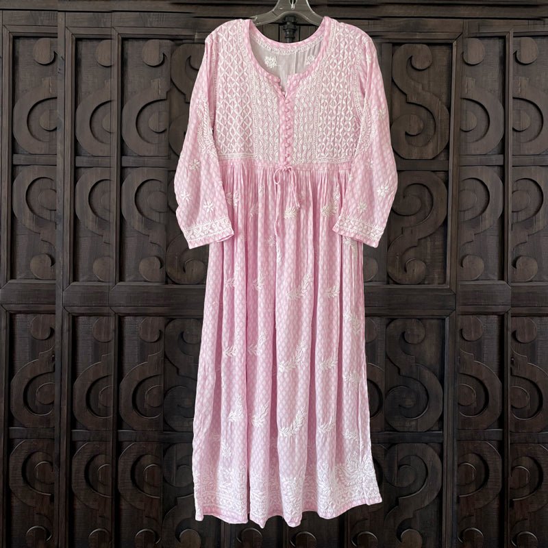 Handcrafted Lucknowi Fine Chikankari Gown Dress Pink - PinkPhulkari California