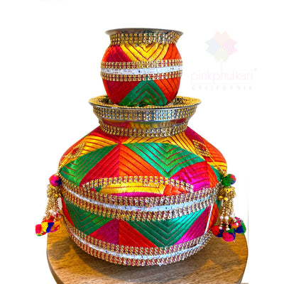 Stainless Steel Indian Wedding Jaago Pot Large Double with LED Lights at PinkPhulkari CaliforniaStainless Steel Indian Wedding Jaago Pot Large Double with LED Lights at PinkPhulkari California