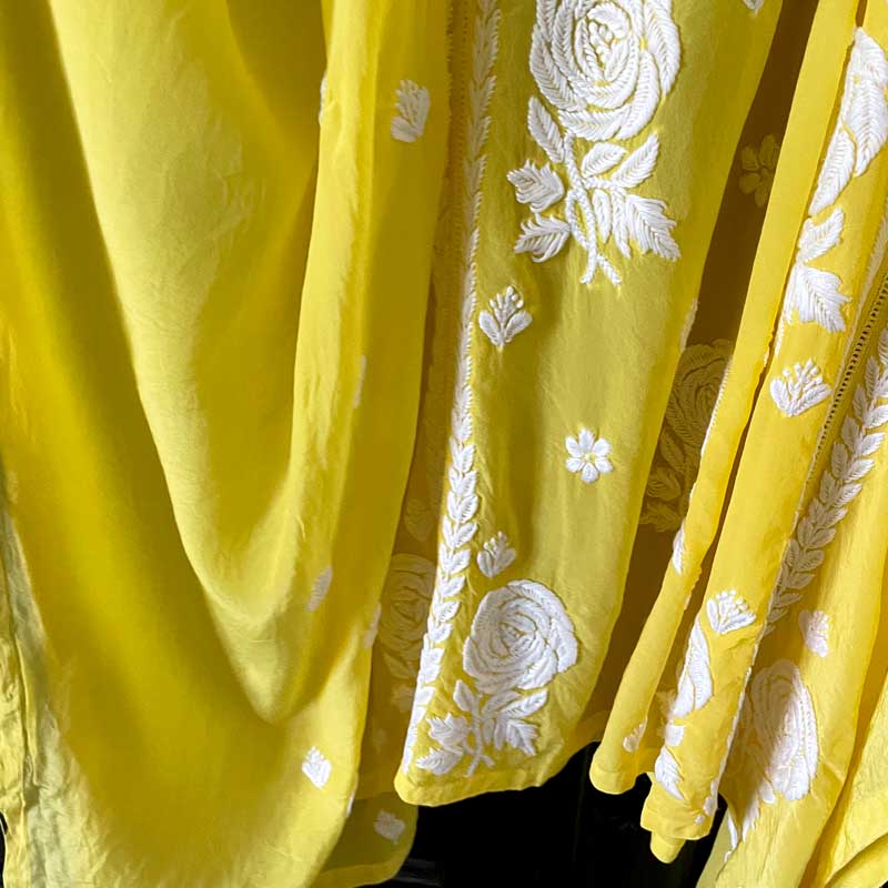 Buy Yellow Chikankari Embroidered Crepe Kaftan Dress at PinkPhulkari 