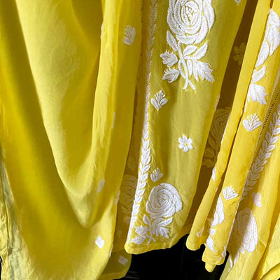 Buy Yellow Chikankari Embroidered Crepe Kaftan Dress at PinkPhulkari Buy Yellow Chikankari Embroidered Crepe Kaftan Dress at PinkPhulkari 